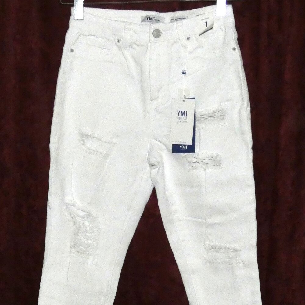 YMI White High Rise Ankle Dream Fit Destroyed Hybrid Denim Jeans Jr size 7 NWT